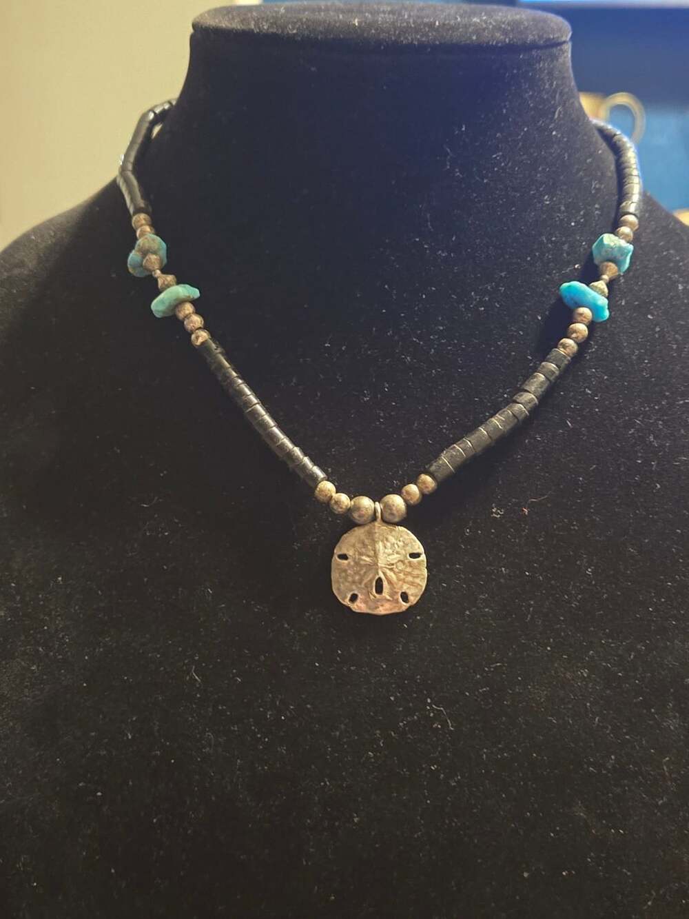 Sand Dollar Pendant Necklace with Turquoise and Heishi Beads